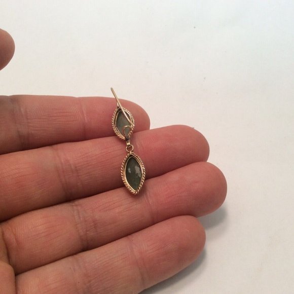 14k Real Yellow Gold Natural Jade Drop Hanging Lady Earrings 3.70gr - Picture 5 of 8